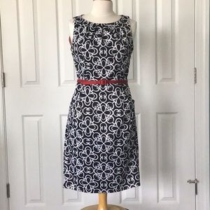 London Times dress. Lined, black & white with red belt. Has pockets. Size 8